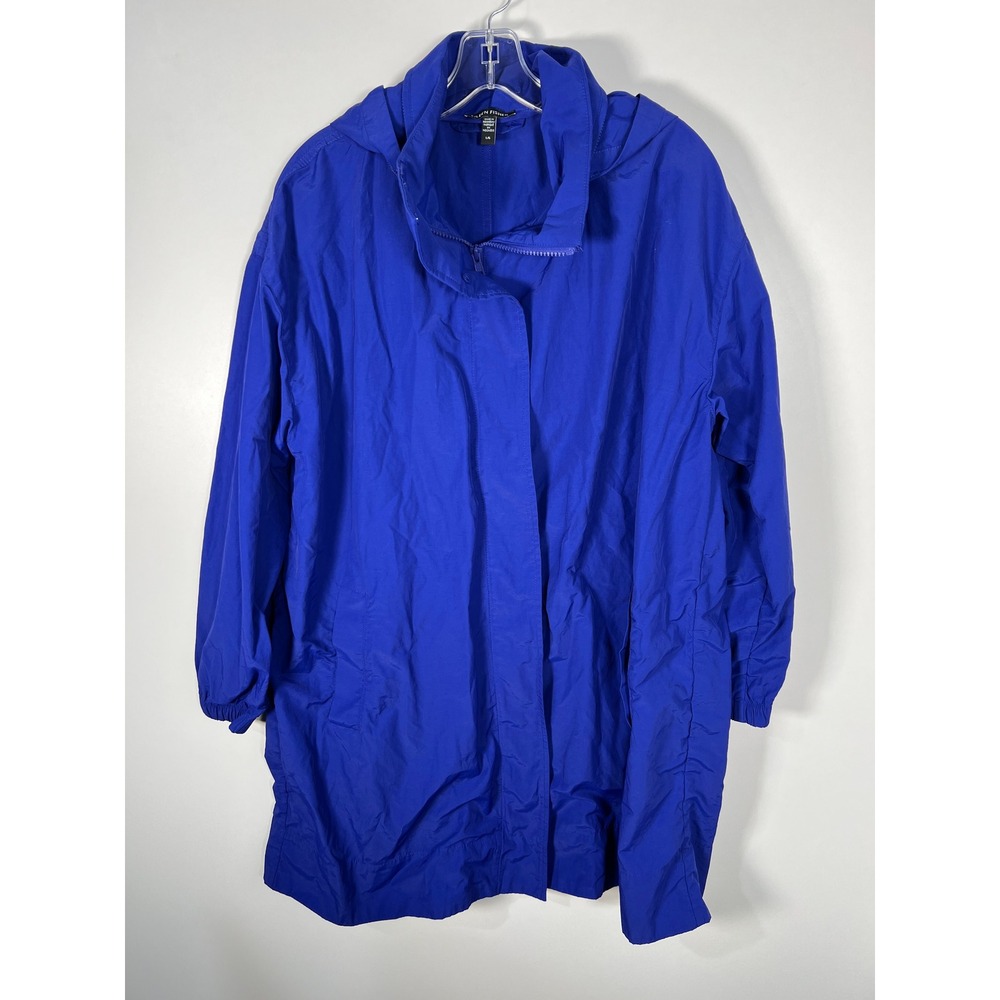 Eileen Fisher Royal Blue Organic Cotton Nylon Hooded Zip Front Jacket Minimalist